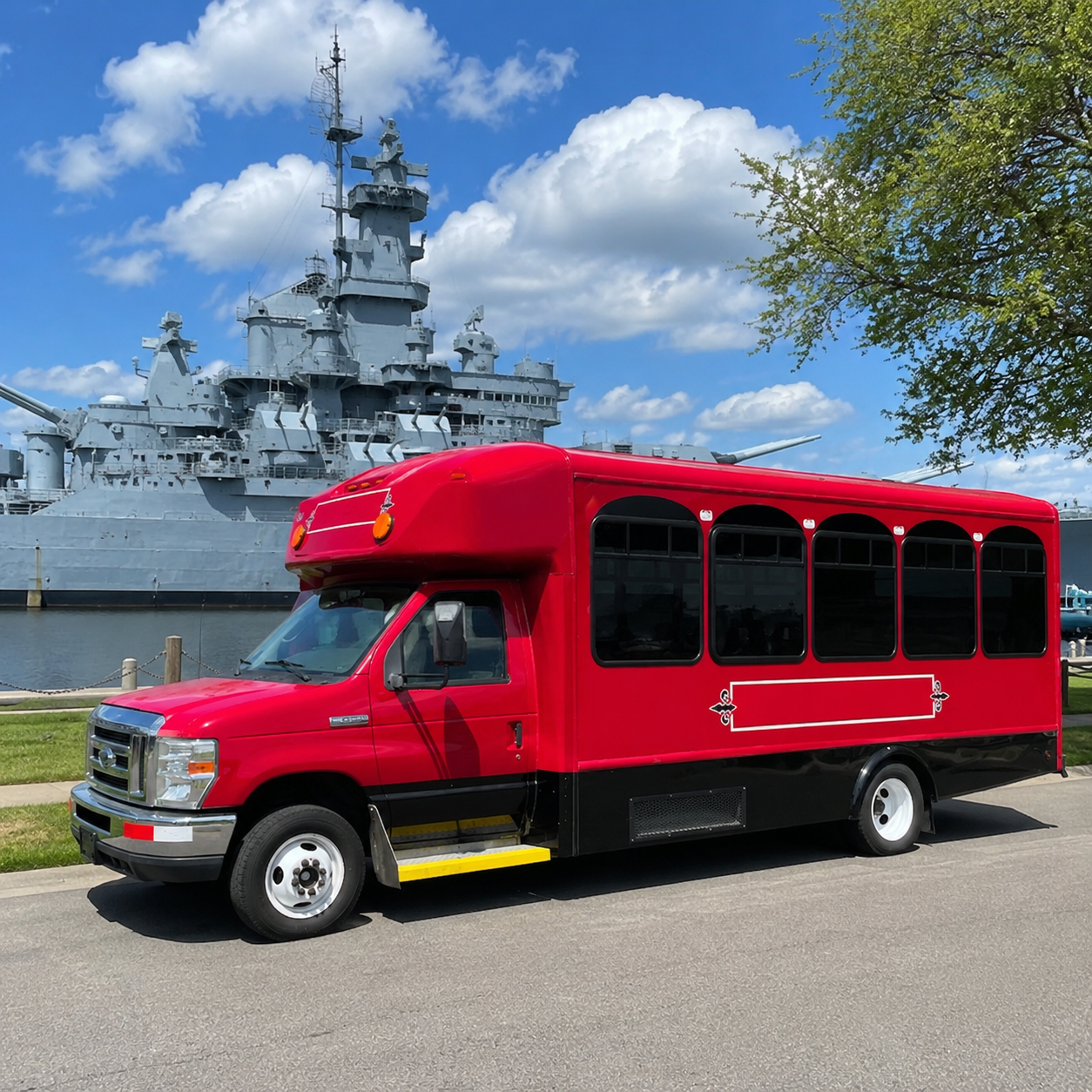 The bus in front of the USS Alabama battleship