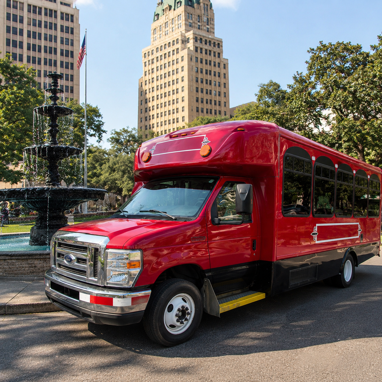 The bus parked by the fountain in Bienville Square, Mobile