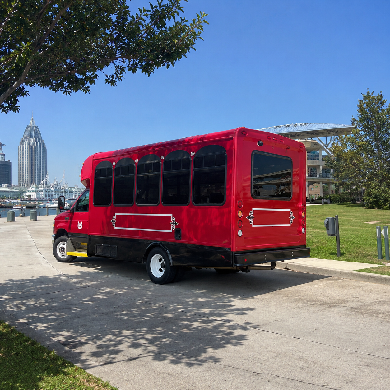 Rear view of the bus at the Mobile waterfront