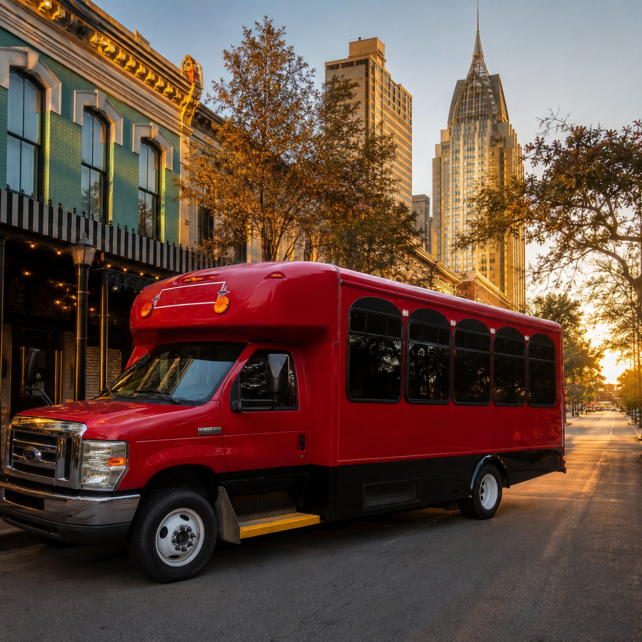 The Double Jack Express bus in downtown Mobile at sunset